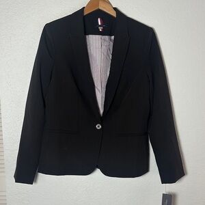 NEW Tommy Hilfiger Black Blazer Silver Logo Buttons Size 14 Elbow Patch Academia